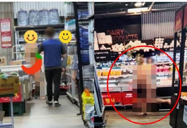 한 남성이 강원 원주시 한 대형마트에서 나체 상태로 뛰어다니고 있다./보배드림