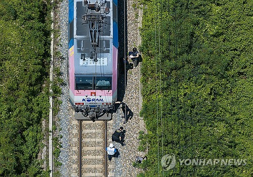 무궁화호 열차가 선로 인근에서 작업 중이던 근로자 7명을 치는 사고가 발생한 19일 경북 청도군 화양읍 삼신리 청도소싸움 경기장 인근 경부선 철로에서 경찰과 소방, 코레일 등 관계자들이 사고가 난 무궁화호 열차를 조사 하고 있다. [연합뉴스]