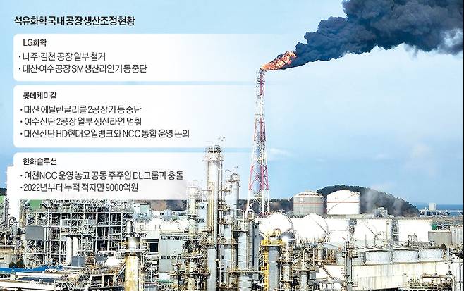 석유화학 업계가 일부 공장의 가동 중단 등으로 위기를 맞고 있다. 사진은 대산석유화학단지 내에서 생산공정에 투입된 원료를 태우는 작업이 진행되면서 굴뚝에서 검은 연기가 나오고 있는 모습. 독자 제공