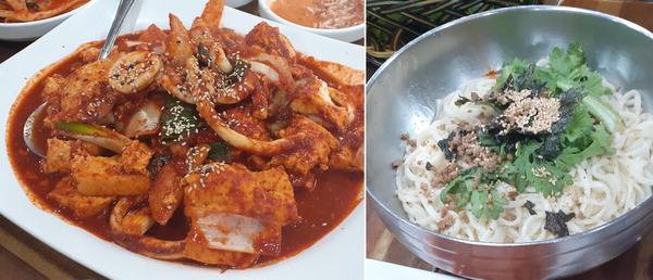 대전의 향토 음식 두부두루치기. 두부에 채소를 넣고 양념과 볶다가 육수를 넣어 졸이거나 끓여낸 음식이다. 대전식 두부두루치기와 칼국수(오른쪽 사진)는 세트 음식과 같아 두루치기를 먹고 남은 양념에 칼국수를 비벼 먹으면 훌륭한 한 끼 식사가 된다.