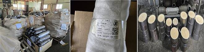 사진 왼쪽부터 해외 미인증 배출가스저감장치 완제품 대량 보관 모습, 포장지 외관(해외 제조업체 표기), 해외 미인증 매연포집필터[환경부 제공]