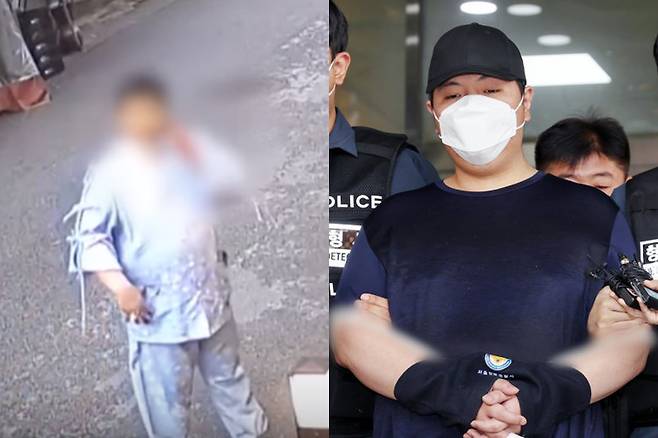서울 강북구 미아동 마트에서 흉기를 휘둘러 1명을 살해하고 1명을 다치게 한 김성진(32)이 지난 5월1일 검찰로 구속 송치되고 있다. 왼쪽은 범행 직후 폐쇄회로(CC)TV에 포착된 김씨 모습. 연합뉴스·뉴스1