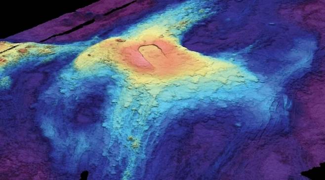 3D로 구현된 해저화산 ‘액시얼 시마운트’(Axial Seamount). 오리건 주립대학 제공