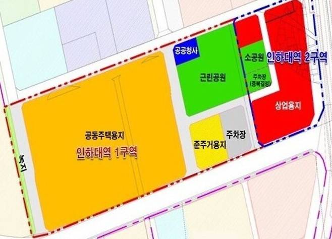 ▲ 용현·학익 2-2블록 인하대역(1·2구역) 도시개발 사업구역 위치와 토지이용계획도