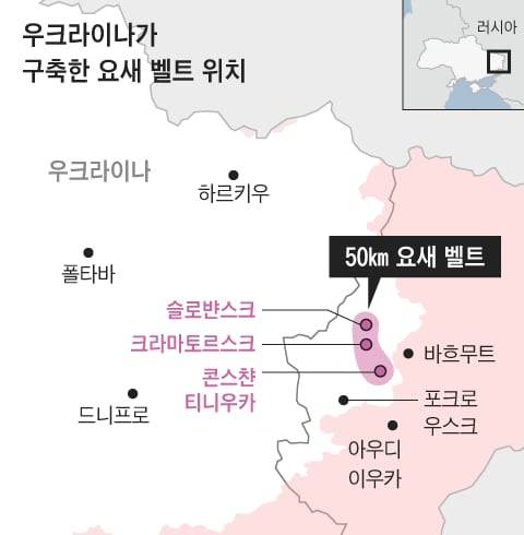우크라이나 군이 2014년 이후 동부 도네츠크에 구축한, 주요 산업 도시를 잇는 50㎞ 요새 벨트. 러시아는 11년 동안 이 방어선을 뚫지 못했다. /ISW  그래픽=조선디자인랩 이연주