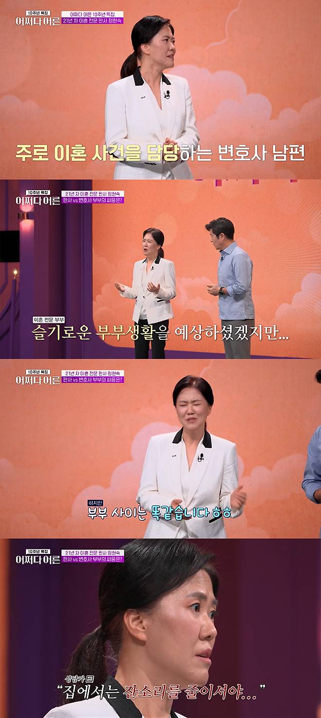 정현숙 판사는 남편이 주로 이혼 사건을 담당하는 변호사라며, 부부가 모두 '이혼 전문'이지만 부부 사이는 똑같다며 상담 경험담을 털어놨다. /사진=tvN STORY '어쩌다 어른 10주년 특집' 방송 화면