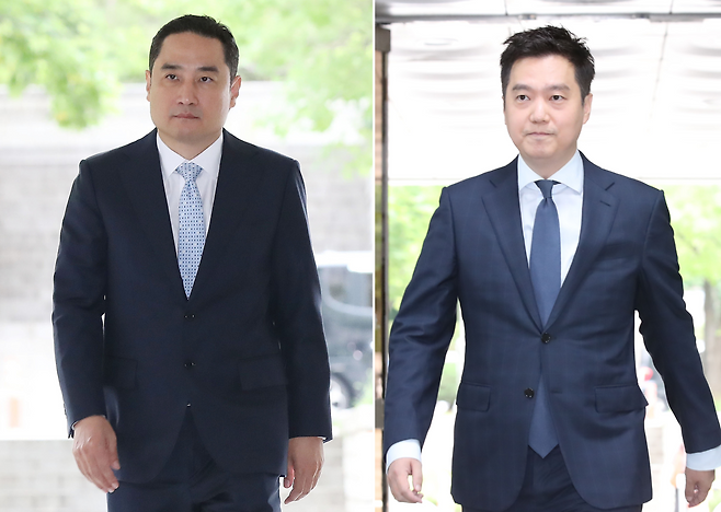 지난 2023년 6월 강용석 변호사와 김세의 가로세로연구소 대표가 서울중앙지방법원에서 열린 조민 포르쉐 의혹 제기, 정보통신망법상 명예훼손 혐의 1심 선고 공판에 출석하고 있다. [뉴시스]