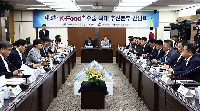 [세종=뉴시스]송미령 농림축산식품부 장관이 20일 서울 aT 센터에서 주요 농식품 및 농산업 수출기업, 유관기관과 함께 2025년 제3차 'K-푸드+ 수출확대 추진본부 간담회'를 개최하고 있다. (사진=농식품부 제공) *재판매 및 DB 금지