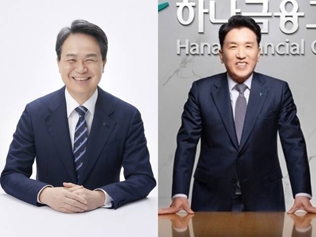 진옥동 신한금융 회장(왼쪽)과 함영주 하나금융 회장이 미국 스테이블코인 발행사 서클의 히스 타버트 사장과 직접 만난다. /각 사
