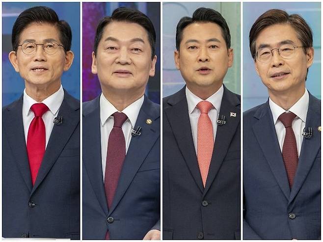 국민의힘 8·22 당대표 선거에 출마한 김문수 후보, 안철수 후보, 장동혁 후보, 조경태 후보(사진 왼쪽부터) ⓒ국회사진기자단