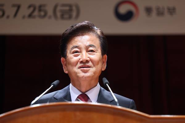 ▲ 7월25일 정동영 신임 통일부 장관이 서울 종로구 정부서울청사 별관에서 열린 취임식에서 취임사를 하고 있다. ⓒ연합뉴스