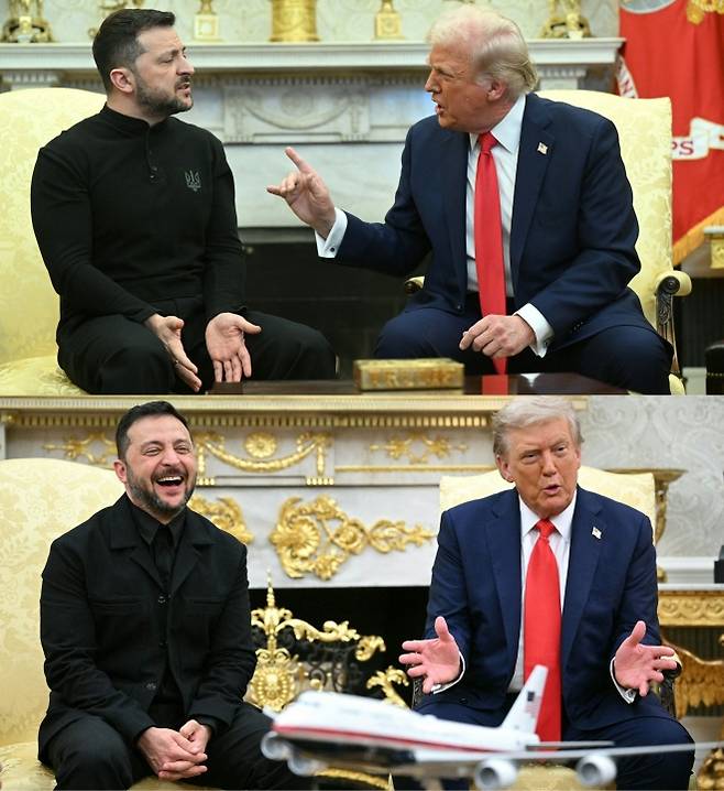 도널드 트럼프 미국 대통령과 볼로디미르 젤렌스키 우크라이나 대통령이2월 28일(현지시간) 백악관 오벌 오피스에서 회담하는 모습(위). 아래는 양 정상의 8월 18일 백악관 회담 모습. 2025.8.19 워싱턴 AFP 연합뉴스