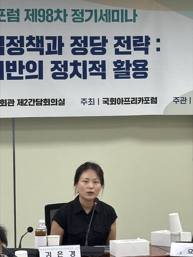 국회아프리카포럼 제98차 아침세미나에서 강연하는 김은경 한국외대 부교수 [촬영 임경빈 연합뉴스 우분투추진단 인턴기자]