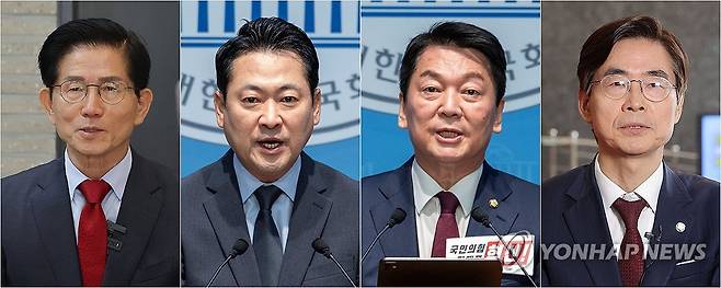 국민의힘 8·22 전당대회 당 대표 후보 '반탄' 김문수·장동혁 후보와 '찬탄'(탄핵 찬성)파 안철수·조경태 후보.
[연합뉴스 자료사진. 재판매 및 DB금지]
