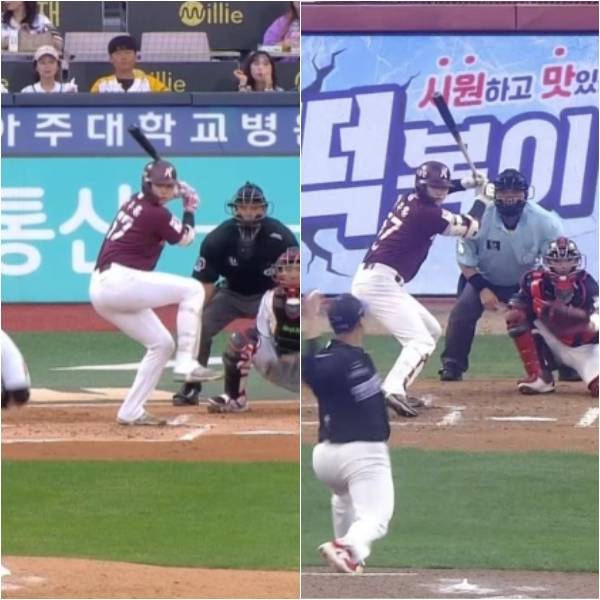 레그킥을 하던 지난해 9월 28일 수원 KT전 박주홍과 토 탭을 장착한 21일 광주 KIA전 박주홍의 타격 모습. 티빙 캡처