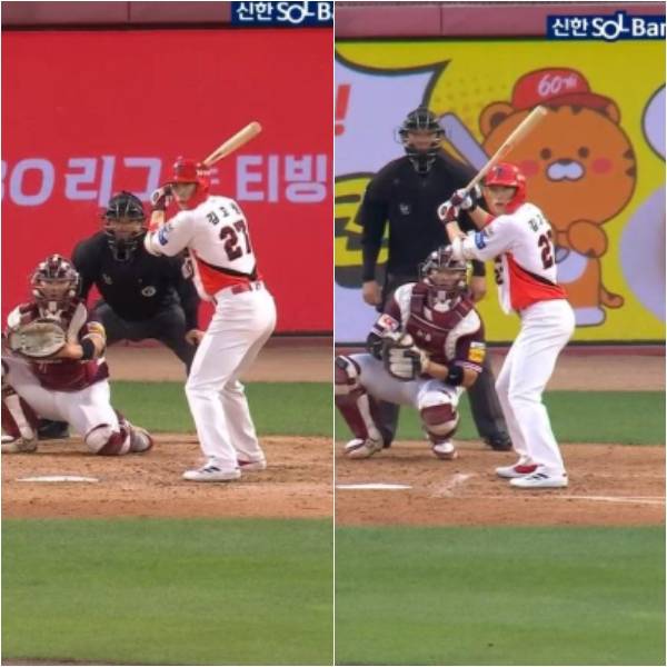 타격 스탠스가 미세하게 달라진 김호령. 기존에는 오픈 스탠스(오른쪽)를 활용했는데 클로즈 스탠스로 바꾼 뒤 장타가 늘었다. 김호령은 "힘이 모아지는 느낌"이라고 말했다. SBS스포츠, 티빙 캡처