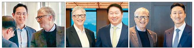 빌 게이츠 게이츠재단 이사장이 방한해 21~22일 재계 대표들과 연쇄 회동을 했다. 왼쪽부터 게이츠 이사장과 만난 이재용 삼성전자 회장, 최태원 SK그룹 회장, 정기선 HD현대 수석부회장.  삼성·SK·HD현대그룹