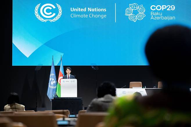 Then-Environment Minister Kim Wan-sup delivers a keynote speech at the high-level segment of the UN Climate Change Conference (COP29) in Baku, Azerbaijan on Nov. 19, 2024. /Ministry of Environment