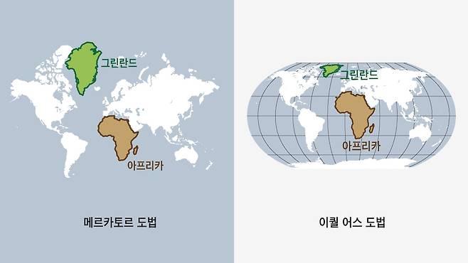 각각 메르카르트 도법과 이퀄 어스 도법으로 그린 세계 지도/그래픽=정인성