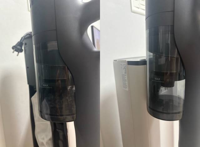 ‘H60 허브 울트라’가 자동으로 먼지를 빨아들인 전후 모습. 사진=김예솔 기자