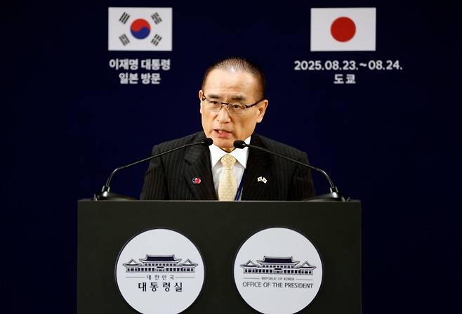 위성락 국가안보실장이 24일 오전 일본 도쿄의 한 호텔에 마련된 한국 프레스센터에서 한일정상회담 결과에 대한 브리핑을 하고 있다. 2025.8.24 대통령실사진기자단