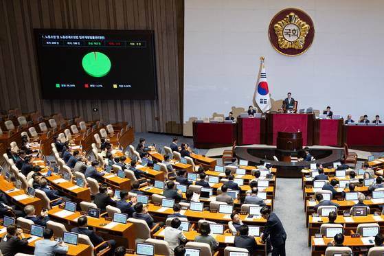 24일 서울 여의도 국회에서 열린 제428회 국회(임시회) 제2차 본회의에서 노동조합 및 노동관계조정법 일부개정법률안(대안)이 재석 186인, 찬성 183인, 반대 3인, 기권 0인으로 가결되고 있다. 뉴스1