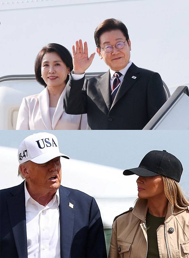 이재명 대통령 부부가 24일 미국 출국을 위해 비행기에 오르고 있다. (위쪽) 도널드 트럼프 미국 대통령과 멜라니아 여사가 지난달 11일(현지시간) 미국 텍사스주 샌안토니오 랙랜드 공군기지에서 수해 피해를 입은 커 카운티(Kerr County)를 방문한 뒤 에어포스원에 탑승하기 위해 이동하고 있다.로이터연합뉴스