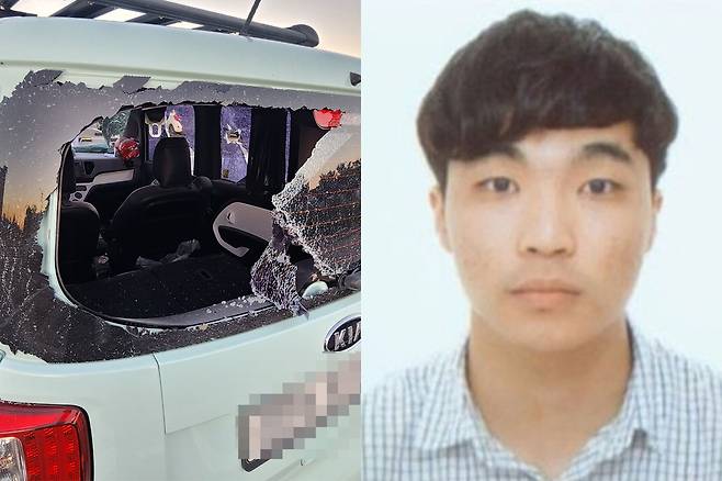 울산 스토킹 살인미수사건 피의자 장형준(33). 왼쪽은 지난달 28일 오후 울산 북구의 한 병원 주차장에서 장씨가 범행 후 도주를 시도하려 탑승한 차량 유리가 시민들에 의해 깨져 있는 모습. 연합뉴스·울산지검 제공