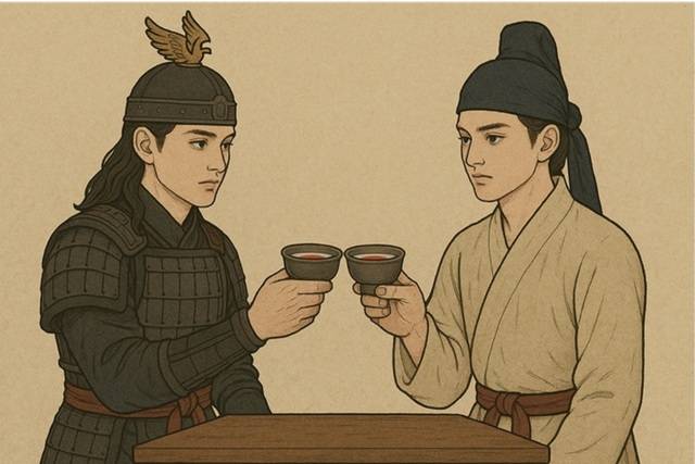 인공지능 AI가 그린 김유신 장군과 김춘추가 삼국통일을 위해 형제의 의를 나누기로 약속하며 술잔으로 건배하는 장면.
