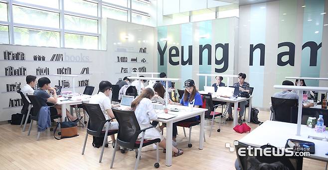 영남대 학생들이 도서관에서 공부에 열중하고 있다.