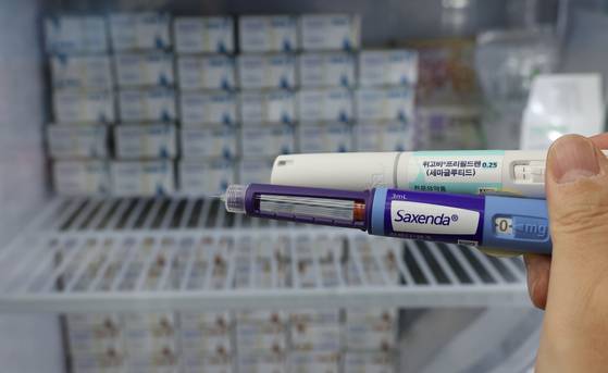 Obesity drugs including Wegovy are seen at a pharmacy in Jongno District, central Seoul on Dec. 2, 2024. [YONHAP]