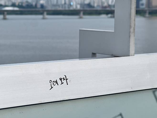 지난 20일 오후 서울 마포구 마포대교 안전펜스에 '오래 보자'라고 적혀 있다. /사진=민수정 기자.
