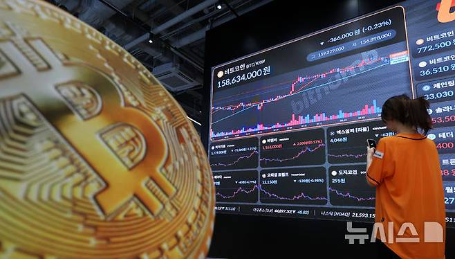 [서울=뉴시스] 조성우 기자 = 비트코인을 비롯한 주요 암호화폐가 하락세를 보인 20일 서울 강남구 빗썸라운지에 전광판에 비트코인 등 가상화폐 시세가 나오고 있다.코인데스크 등에 따르면 이날 오전 비트코인 가격은 전날보다 2.84% 포인트 떨어진 11만3168.50달러에 거래됐다. 이더리움은 이날 오전 4.69% 내린 4140.13달러에 거래됐다. 2025.08.20. xconfind@newsis.com