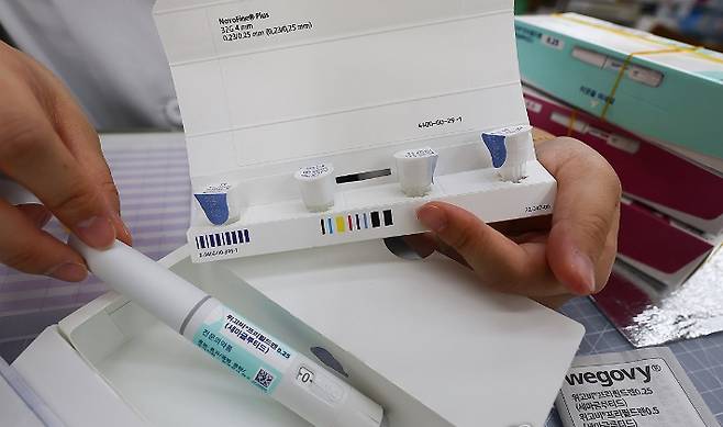 서울 종로구의 한 약국에서 약사가 비만치료제 위고비에 대해 설명하고 있다. 연합뉴스