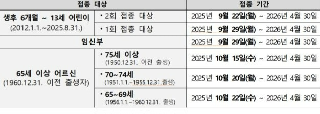 연령별 인플루엔자 접종 일정