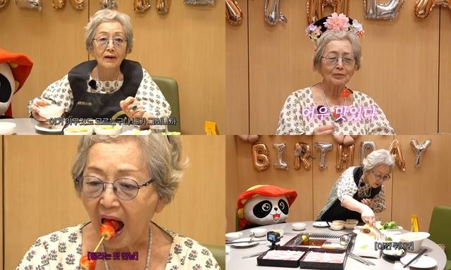 배우 김영옥의 유튜브 채널에 최근 게시된 '87세에도 고량주 마시는 김영옥 할머니의 인생 첫 하이디라오' 영상에서는 그가 마라탕과 탕후루를 먹는 모습이 전해졌다. /유튜브 영상 캡처