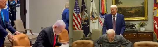 트럼프 대통령이 지난 4월 베냐민 네타냐후 이스라엘 총리(왼쪽)의 의자를 밀어 넣어주는 모습·지난 2월 나렌드라 모디 인도 총리의 의자를 밀어 넣어주는 모습. 유튜브.