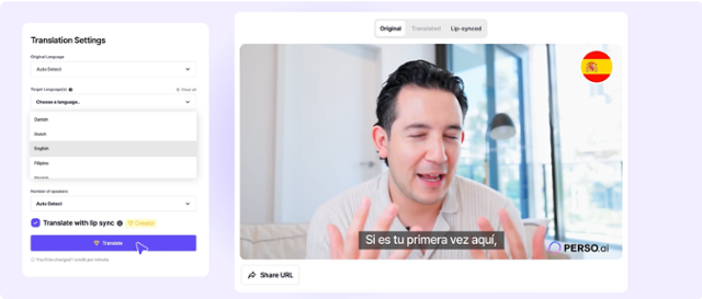 이스트소프트의 AI 더빙 서비스 '페르소닷에이아이'를 통해 AI 더빙을 진행하는 모습. 타깃 언어를 선택하고 Translate 버튼을 누르면 더빙 작업이 시작된다. 홈페이지 캡처