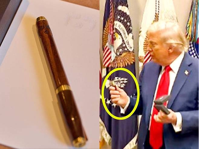 < 만년필 선물 > 이재명 대통령이 25일(현지시간) 한·미 정상회담에 앞서 방명록을 작성할 때 쓴 만년필을 도널드 트럼프 대통령에게 선물했다.  /YTN 캡처, 대통령실 제공