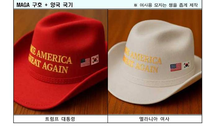 Two cowboy-style MAGA hats given to U.S. President Donald Trump and first lady Melania Trump by Korean President Lee Jae Myung during their summit in Washington on Aug. 25. [PRESIDENTIAL OFFICE]