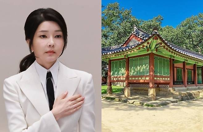 김건희 여사와 종묘 망묘루 [사진출처=연합뉴스, 국가유산청 궁능유적본부/ 편집]