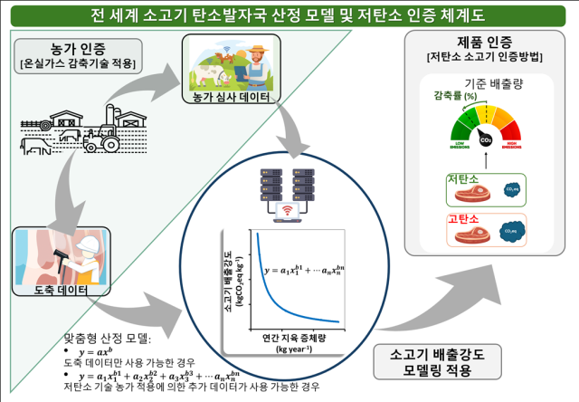 ▲전북대 연구팀이 개발한 전 세계 소고기 탄소발자국 산정 모델과 저탄소 인증 체계도. 기본 축산 데이터만으로도 개체별 배출량을 계산할 수 있도록 설계됐다. ⓒ전북대
