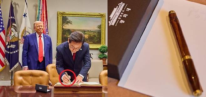 이재명 대통령이 25일(현지시간) 미국 워싱턴 DC 백악관에서 도널드 트럼프 미국 대통령이 지켜보는 가운데 방명록을 작성하고 있다. 연합뉴스