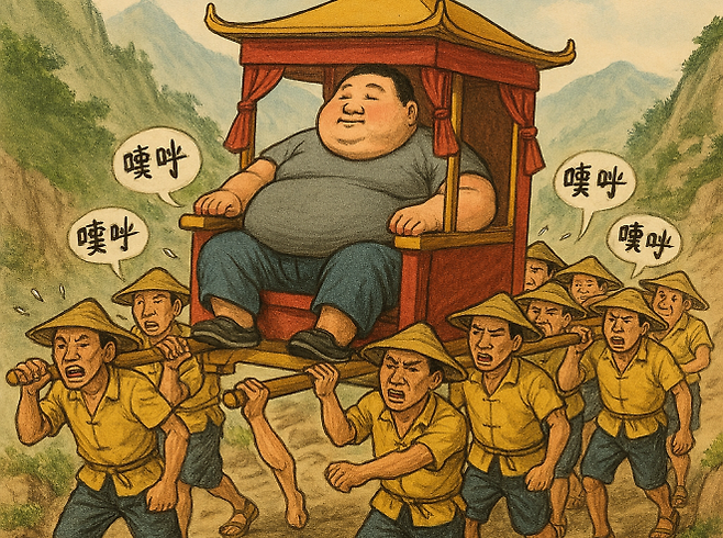 체중이 130kg이 넘는 중국 남성이 9명의 가마꾼에 둘러싸여 산을 오르고 있는 모습을 풍자한 삽화. 코파일럿