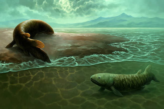 육지로 상륙한 초기 폐어 상상도. Credit: Jakub Zalewski. Scientific Reports (2025). DOI: 10.1038/s41598-025-14541-8