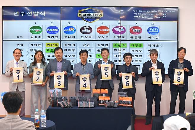 선수 지명 순번을 들어 보이는 8개 팀 감독들 [한국기원 제공. 재판매 및 DB 금지]