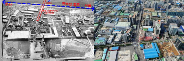 1986년(왼쪽)과 2009년 수출산업공업단지 2단지 부지 전경. 한국산업단지공단 제공