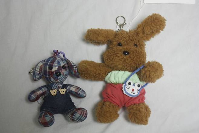 왼쪽은 직접 구매한 멜빵 바지를 입은 '해리' 키링과 가방을 매치한 '샐리' 키링의 모습. ⓒ데일리안 남가희 기자