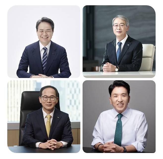 (왼쪽 위부터 시계방향으로) 진옥동 신한지주 회장, 임종룡 우리금융 회장, 함영주 하나금융 회장, (왼쪽부터) 진옥동 신한지주 회장, 임종룡 우리금융 회장, 함영주 하나금융 회장, 양종희 KB금융 회장, 사진제공=각사