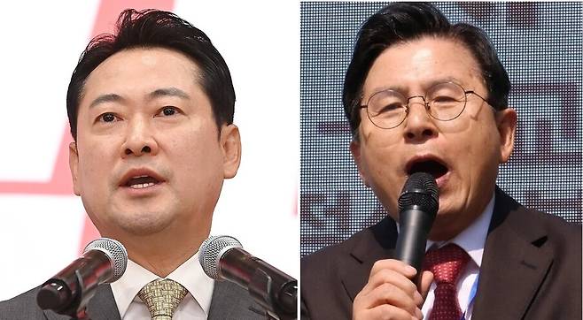 26일 국민의힘 전당대회에서 수락 연설하는 장동혁 신임 당대표(왼쪽 사진)와 지난 3월22일 오전 청주 충북도청 앞에서 열린 보수 기독교 단체 세이브코리아의 ‘국가비상기도회’에 참석해 발언하는 황교안 전 국무총리. 국회사진기자단 연합뉴스